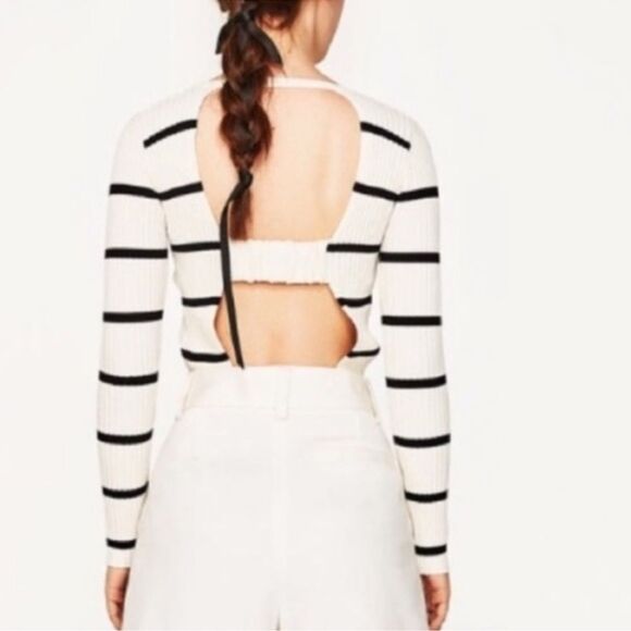 ZARA White Open Back Stripped Cropped knit sweater Size M - Picture 2 of 7
